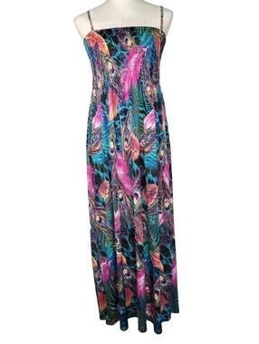 India Boutique Tube Top Spaghetti Strap Long Peacock Print One Size Dress NWOT